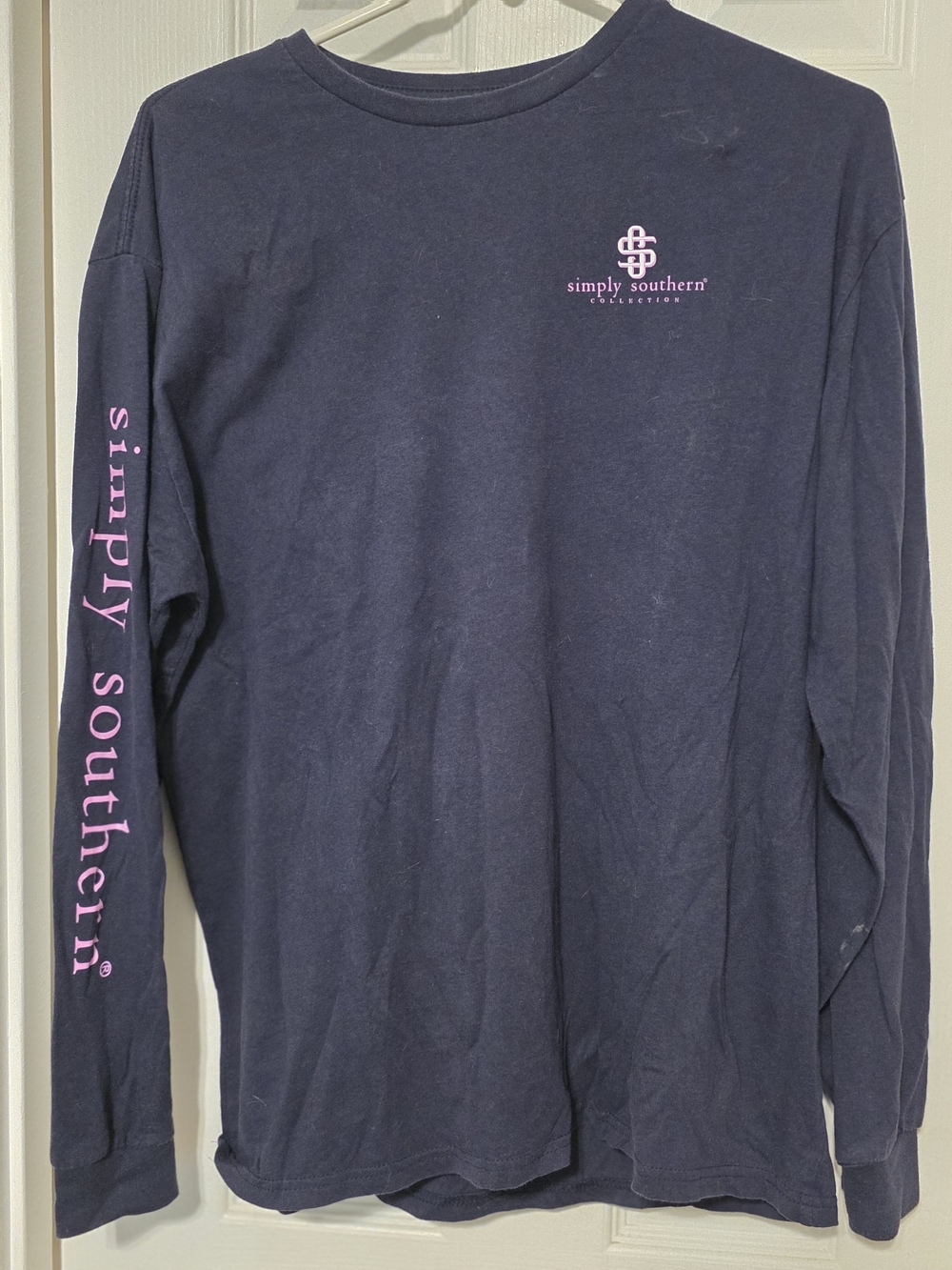 Simply Southern Navy Long Sleeve Tee with Pink Logo and Sleeve Text